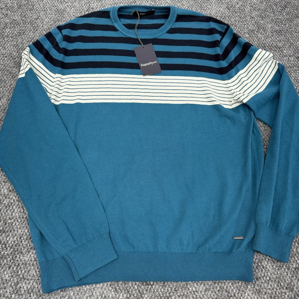 Zegna Sport Men's XL Striped Knit Sweater Crew Neck Pullover Teal Blue Luxury
